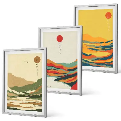Composizione di quadri con disegni colorati di montagne in stile Japandi