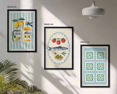 Composizione di quadri con illustrazioni di cucine in stile mediterraneo