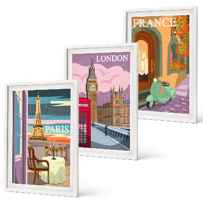 Set di 3 quadri Vedute Parigi Londra retrò