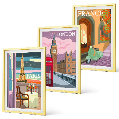 Set di 3 quadri Vedute Parigi Londra retrò
