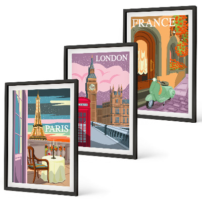 Set di 3 quadri Vedute Parigi Londra retrò