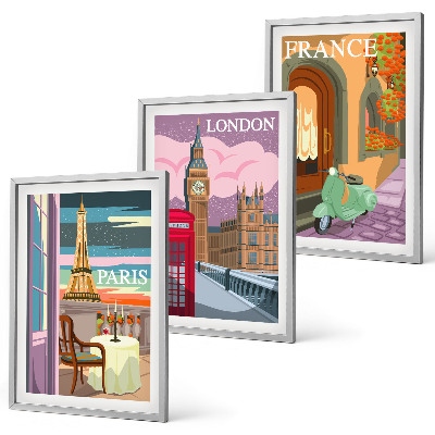 Set di 3 quadri Vedute Parigi Londra retrò