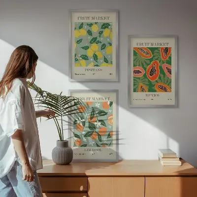 Set di 3 quadri poster con illustrazioni di frutta limoni e papaie