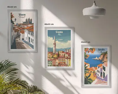 Composizione di quadri con illustrazioni di città del mondo in stile retrò