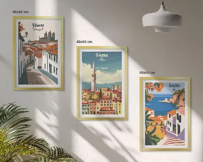 Composizione di quadri con illustrazioni di città del mondo in stile retrò