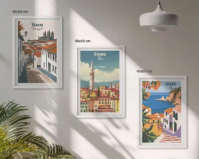 Composizione di quadri con illustrazioni di città del mondo in stile retrò