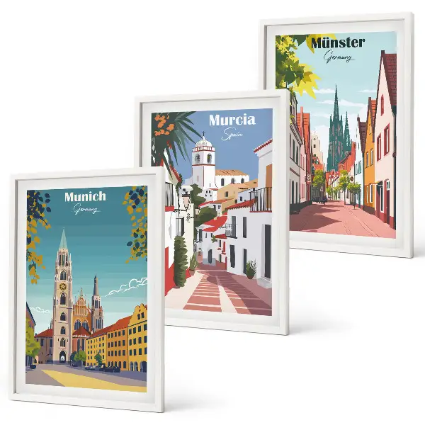 Set di 3 quadri con disegni a colori di città europee