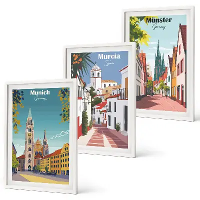 Set di 3 quadri con disegni a colori di città europee