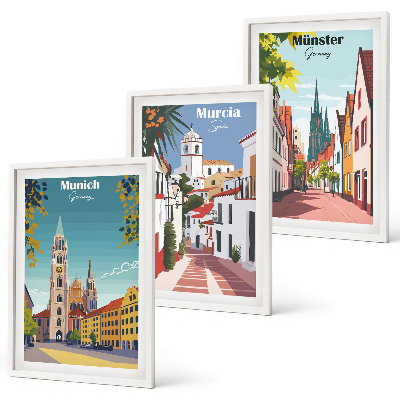Set di 3 quadri Disegni a colori di città europee