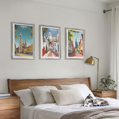 Set di 3 quadri Disegni a colori di città europee