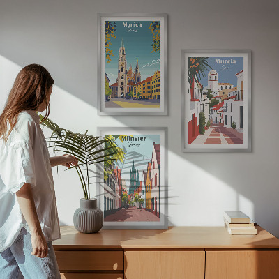 Set di 3 quadri Disegni a colori di città europee