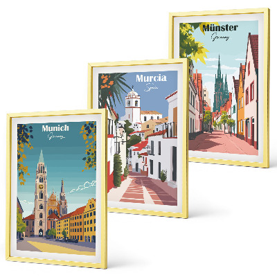 Set di 3 quadri Disegni a colori di città europee