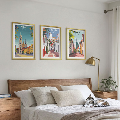 Set di 3 quadri Disegni a colori di città europee