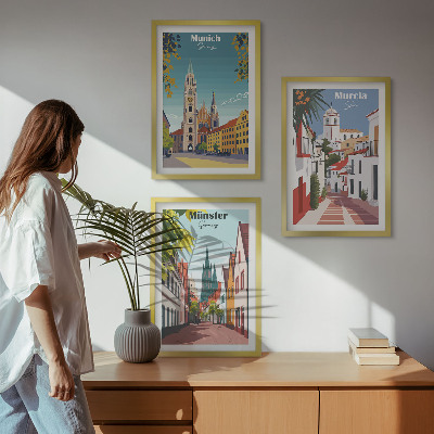 Set di 3 quadri Disegni a colori di città europee