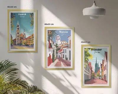 Set di 3 quadri con disegni a colori di città europee
