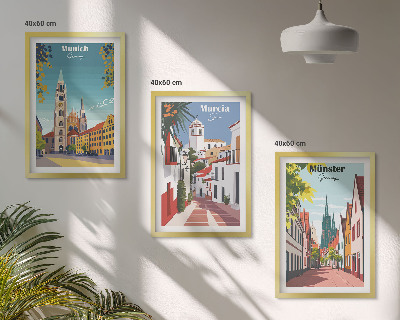 Set di 3 quadri Disegni a colori di città europee