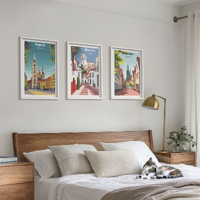 Set di 3 quadri Disegni a colori di città europee