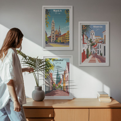 Set di 3 quadri Disegni a colori di città europee