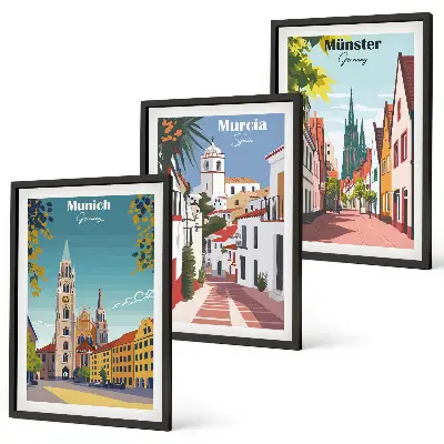 Set di 3 quadri con disegni a colori di città europee
