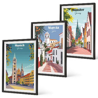 Set di 3 quadri Disegni a colori di città europee