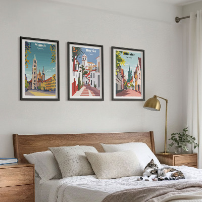 Set di 3 quadri Disegni a colori di città europee