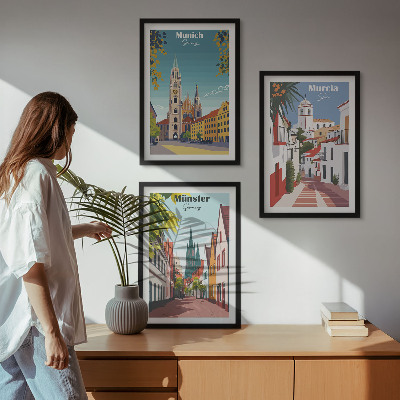 Set di 3 quadri Disegni a colori di città europee