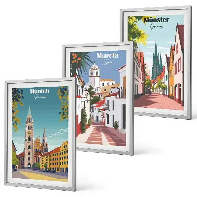 Set di 3 quadri con disegni a colori di città europee