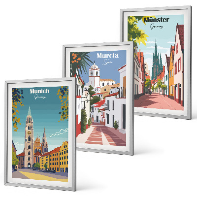 Set di 3 quadri Disegni a colori di città europee