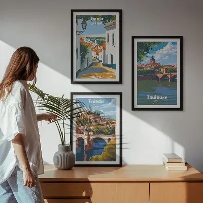 Set di 3 quadri con grafica urbana in stile retrò