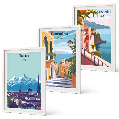 Set di 3 quadri Paesaggi urbani retrò colorati