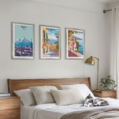 Set di 3 quadri Paesaggi urbani retrò colorati