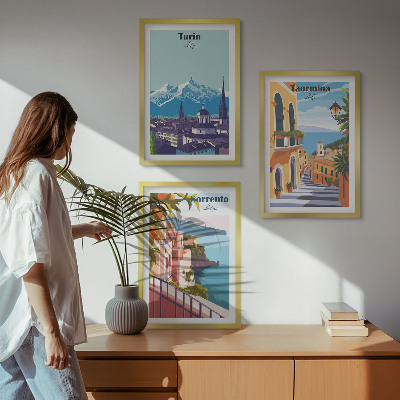 Set di 3 quadri Paesaggi urbani retrò colorati