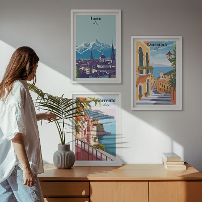 Set di 3 quadri Paesaggi urbani retrò colorati