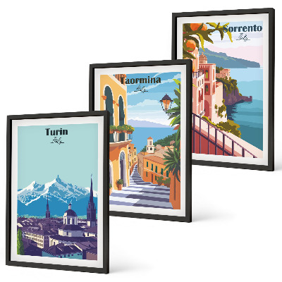 Set di 3 quadri Paesaggi urbani retrò colorati