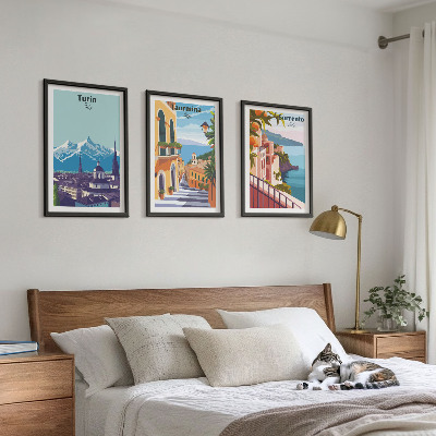 Set di 3 quadri Paesaggi urbani retrò colorati