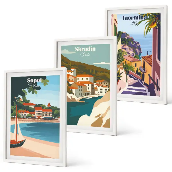 Set di quadri incorniciati con illustrazioni di città costiere