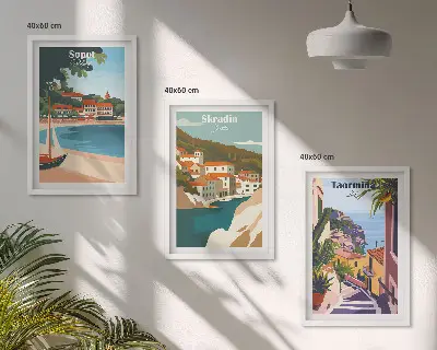 Set di quadri incorniciati con illustrazioni di città costiere