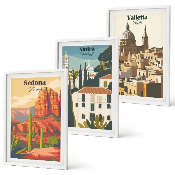 Set di 3 quadri viste retrò di Sedona, Sintra e Valletta