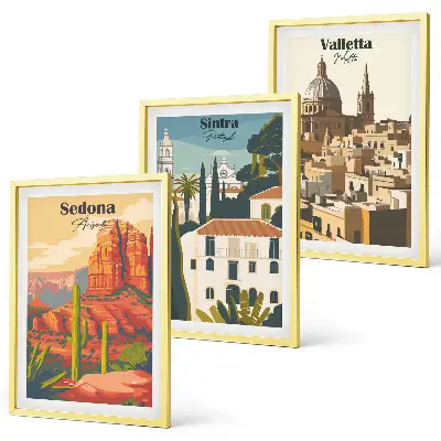 Set di 3 quadri viste retrò di Sedona, Sintra e Valletta
