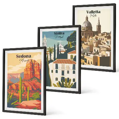 Set di 3 quadri viste retrò di Sedona, Sintra e Valletta