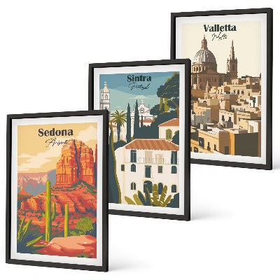 Set di 3 quadri Viste Sedona Sintra Valletta retrò