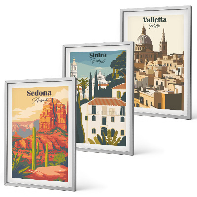 Set di 3 quadri Viste Sedona Sintra Valletta retrò