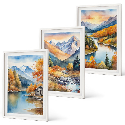 Set di 3 quadri paesaggio montano fiume autunnale