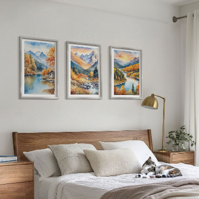 Set di 3 quadri paesaggio montano fiume autunnale