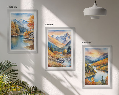 Set di 3 quadri paesaggio montano fiume autunnale