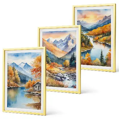Set di 3 quadri paesaggio montano con fiume autunnale
