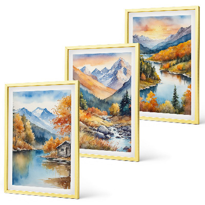 Set di 3 quadri paesaggio montano fiume autunnale