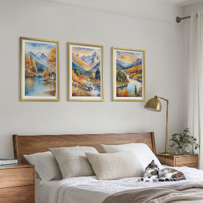 Set di 3 quadri paesaggio montano fiume autunnale