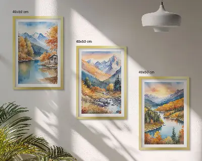 Set di 3 quadri paesaggio montano con fiume autunnale