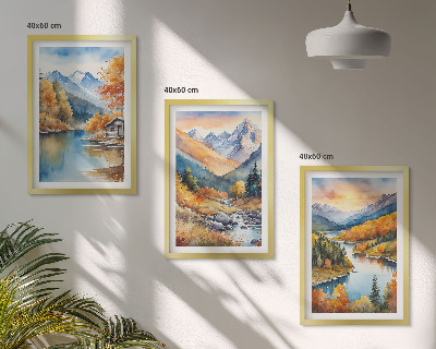 Set di 3 quadri paesaggio montano fiume autunnale